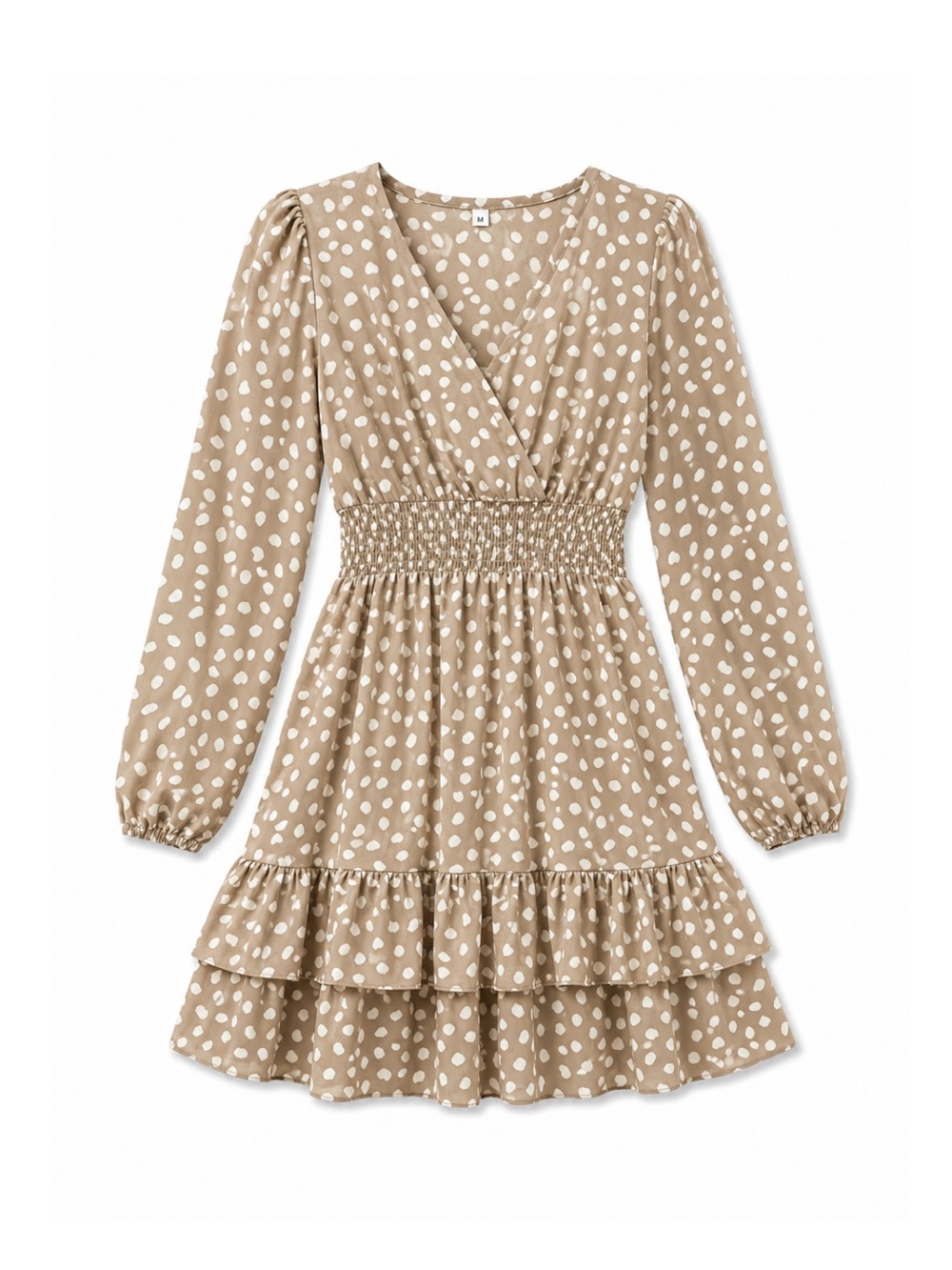 Beige Polka Dot Smocked Waist Long-Sleeve Mini Dress | Shein Medium